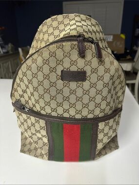 Gucci Brown GG Canvas Backpack with Red & Green Web Stripe
